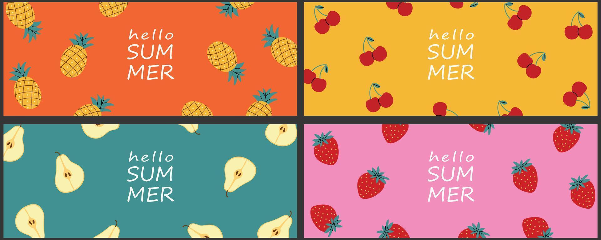 Set of bright summer fruit backgrounds with text hello summer. Pineapple, cherry, pear, strawberry pattern on colorful backgrounds. illustration for banner, postcard, or web design. vector