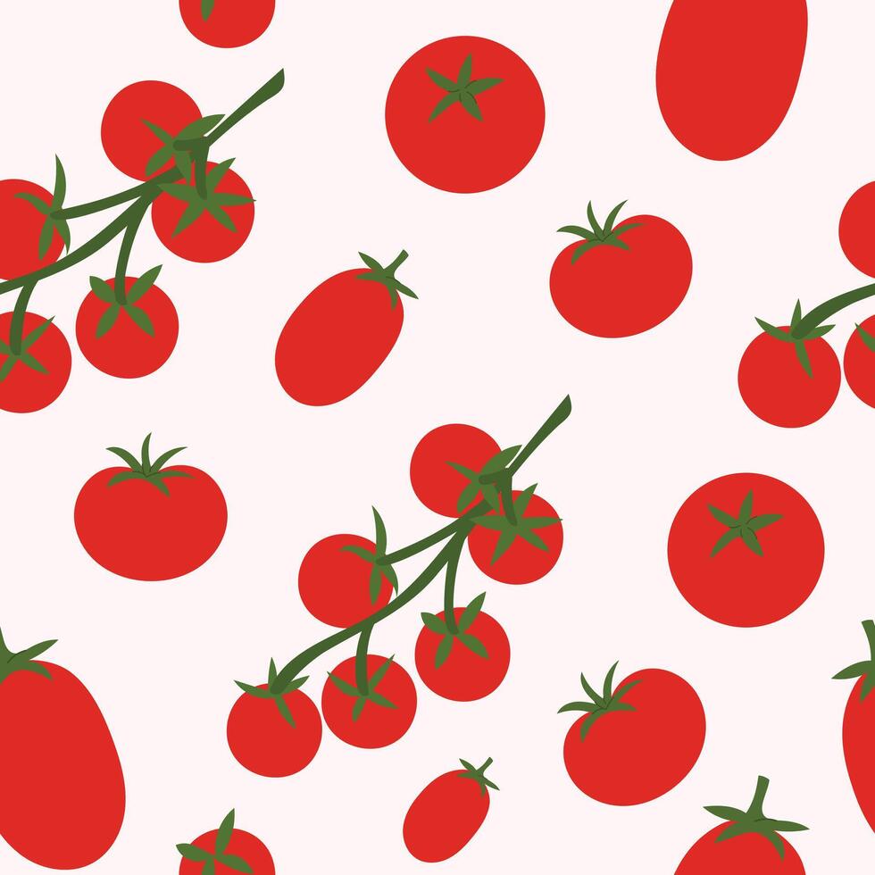 Seamless pattern with tomatoes on branches. Flat illustration with red vegetables on white background. vector