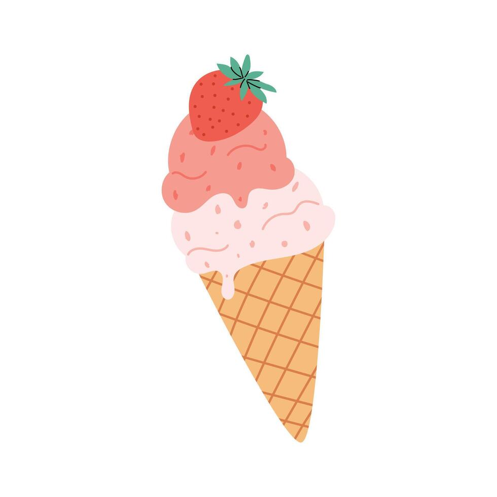 Cute strawberry ice cream cone with two scoops and a fresh berry on top. Summer sweet dessert illustration in flat style. Isolated on white background. vector