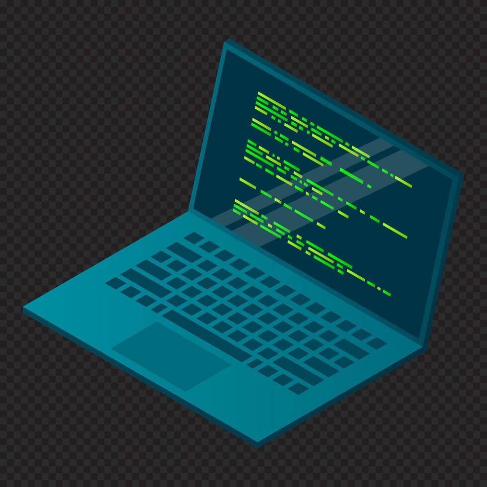 Isometric laptop. 3d isometric laptop computer. Abstract programming language and program code on a laptop screen. Isometric technology vector