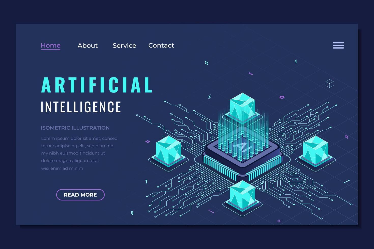 Isometric artificial intelligence landing page. Machine learning technology. Digital technology website landing page. Isometric technology vector