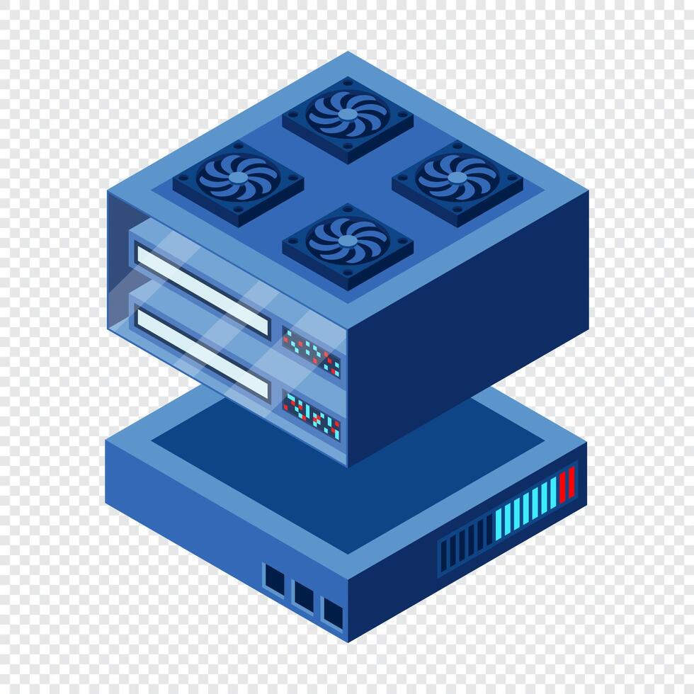 Isometric futuristic server. Isometric database or data center. Abstract blockchain. Computer storage. Cloud storage, vector