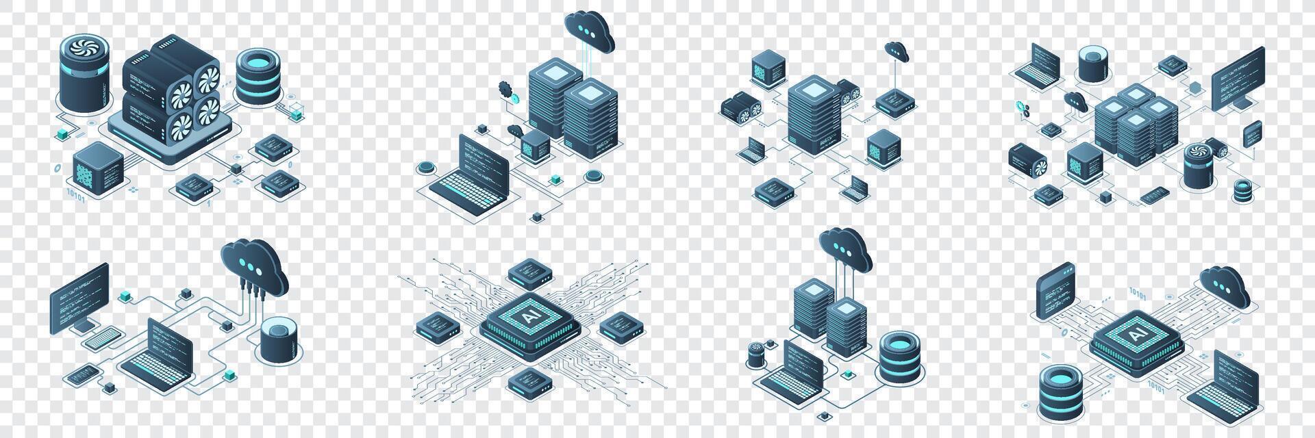 Set of isometric modern technology concept for cloud computing, Datacenter, Database, artificial intelligence, and blockchain technology vector