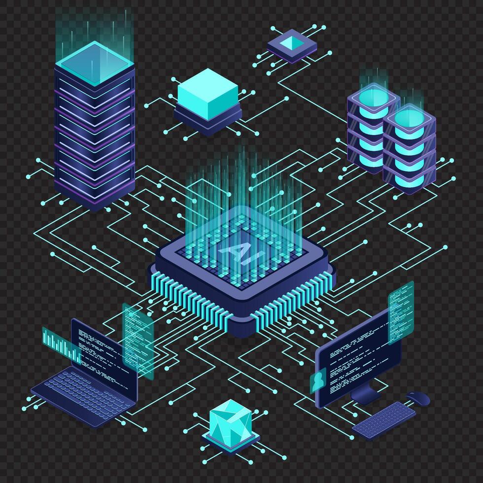 Isometric artificial intelligence chip concept. Artificial intelligence server. Futuristic microchip processor. Isometric cloud computing. Isometric vector