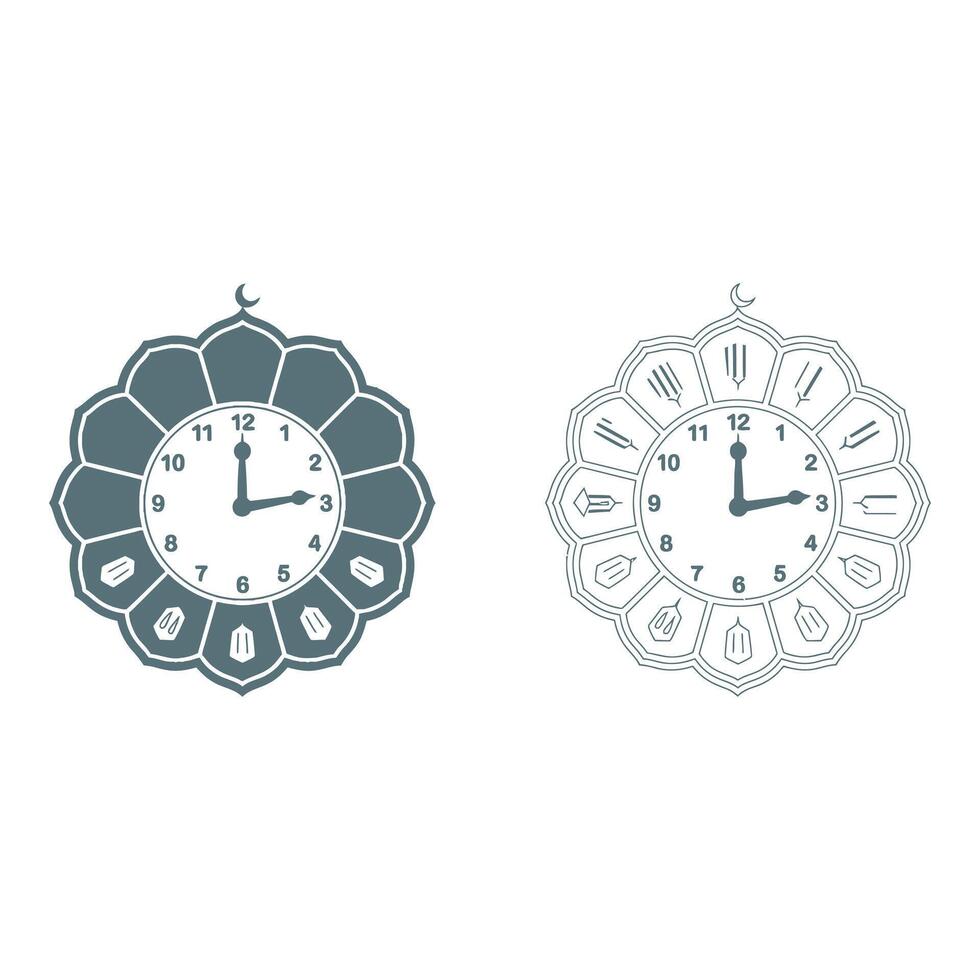 Set art of Islamic prayer times clock with arabic calligraphy isolated on white background illustration vector
