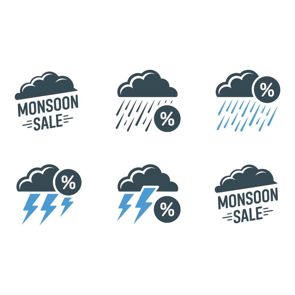 Monsoon sale banners bringing great deals with dark clouds rain and lightning bolt icons and Set vector