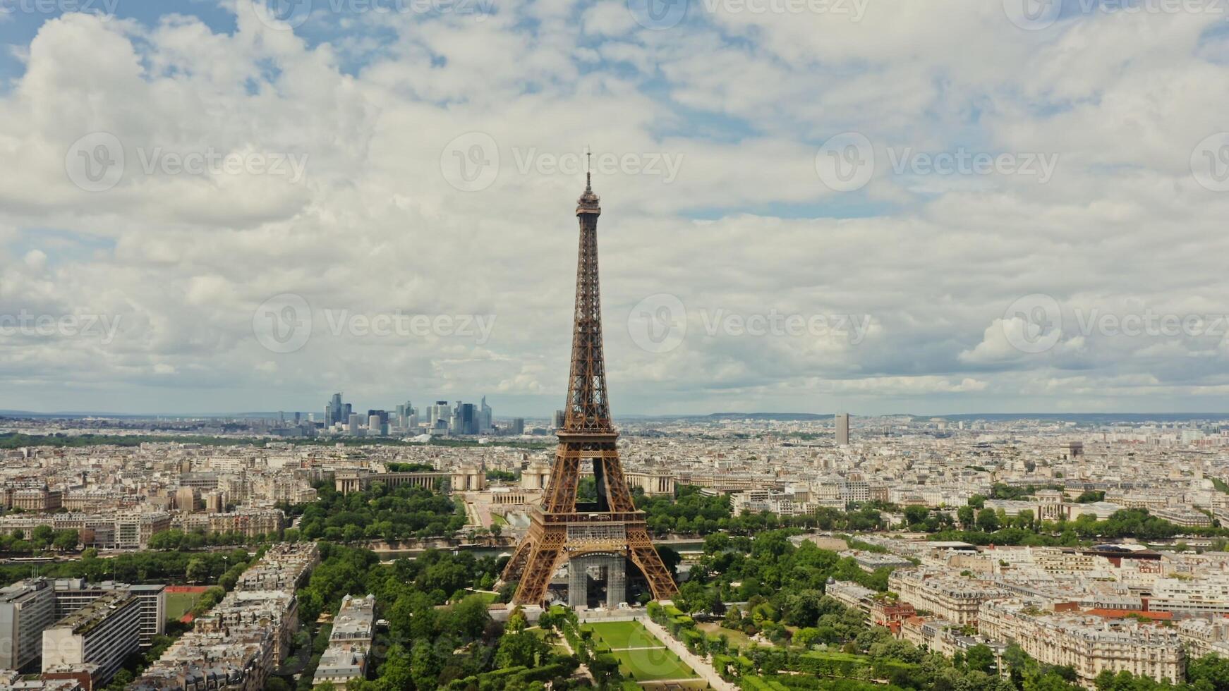 Drone horizontal panning view of the historic center of Paris with the Eiffel Tower in the foreground. France Paris photo