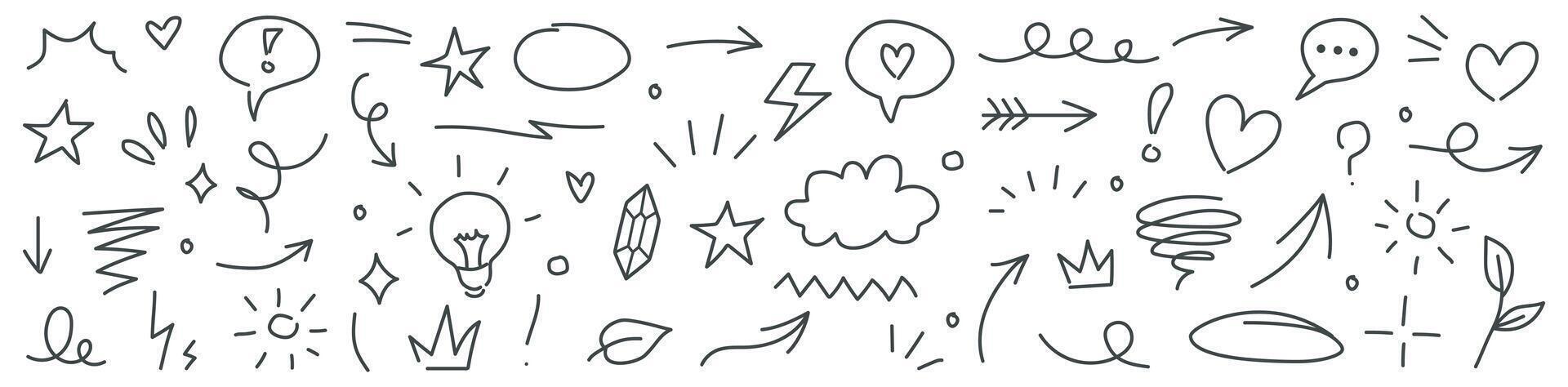 Collection of line marker hand drawn brush arrow element set. Sketch pencil stroke graphic pen underline scribble icon. Hand drawn line heart, crown, star symbol highlight marker shape vector