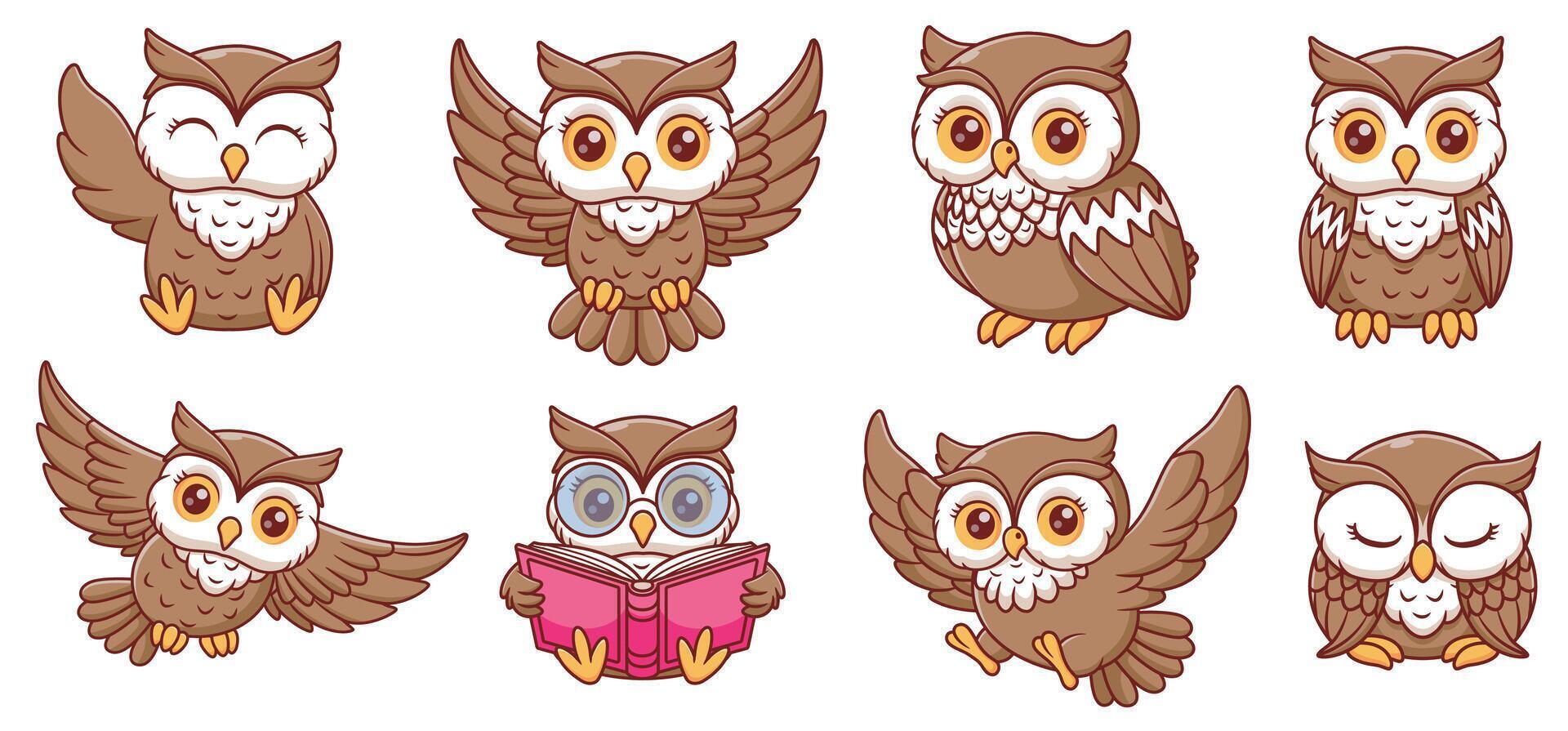 Eight cartoon owls displaying various poses and expressions, perfect for childrens books, illustrations, patterns, and stationery designs. vector
