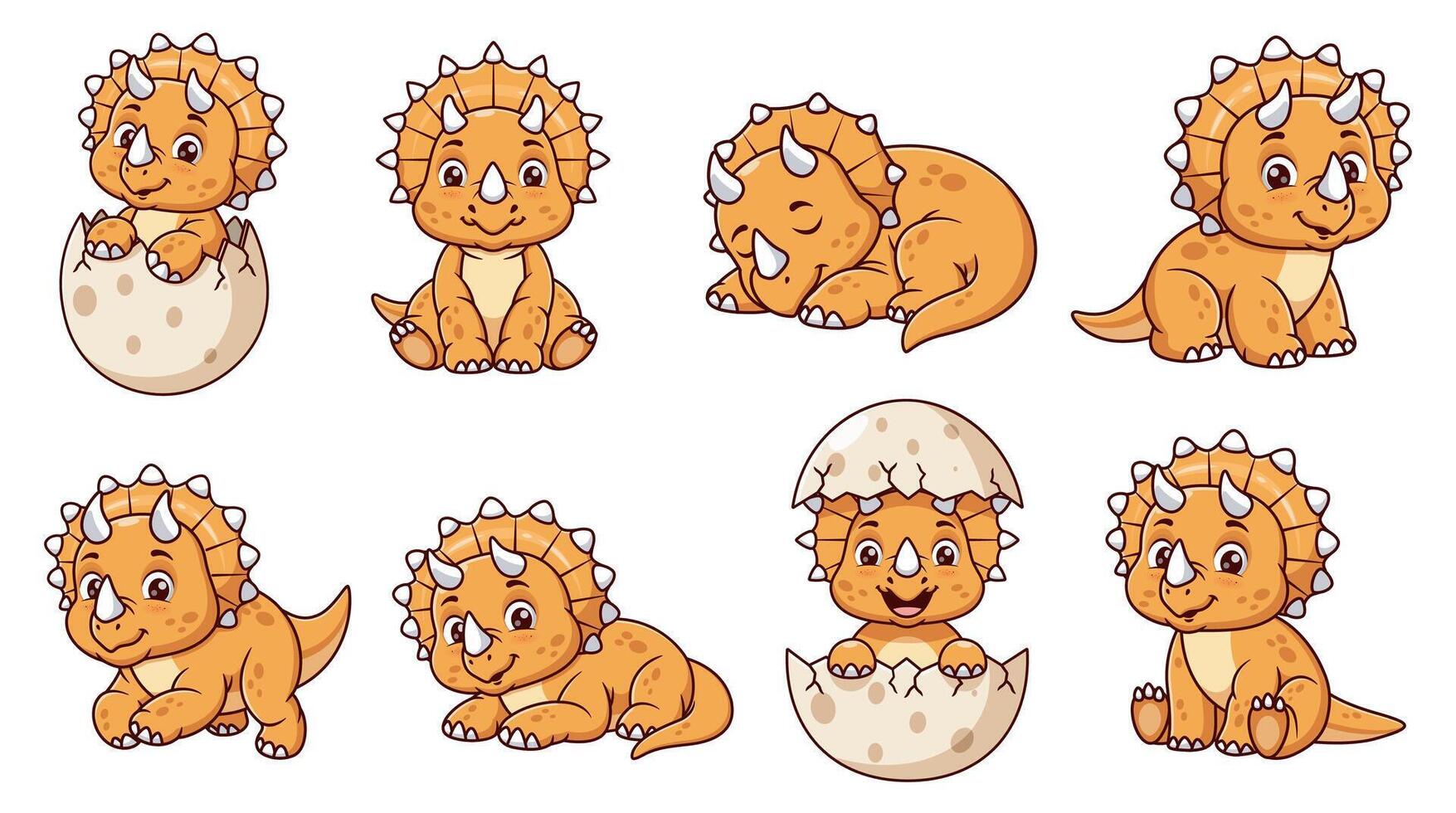 Seven cute Triceratops, ideal for childrens books, dinosaur themed products, and educational materials featuring playful and adorable characters. vector