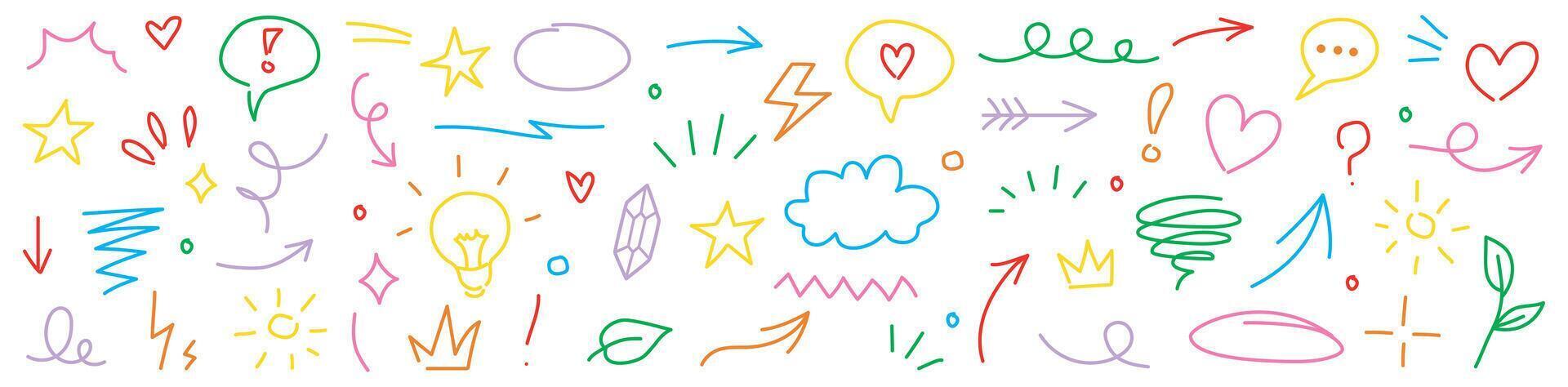 Collection of line marker hand drawn brush arrow element set. Sketch pencil stroke graphic pen underline scribble icon. Hand drawn line heart, crown, star symbol highlight marker shape. vector