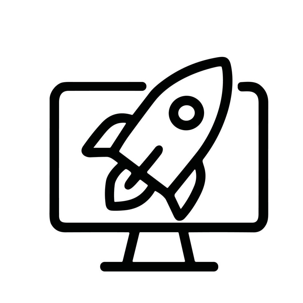 Simple Outline Rocket on Computer Screen Launch Startup Business Icon vector