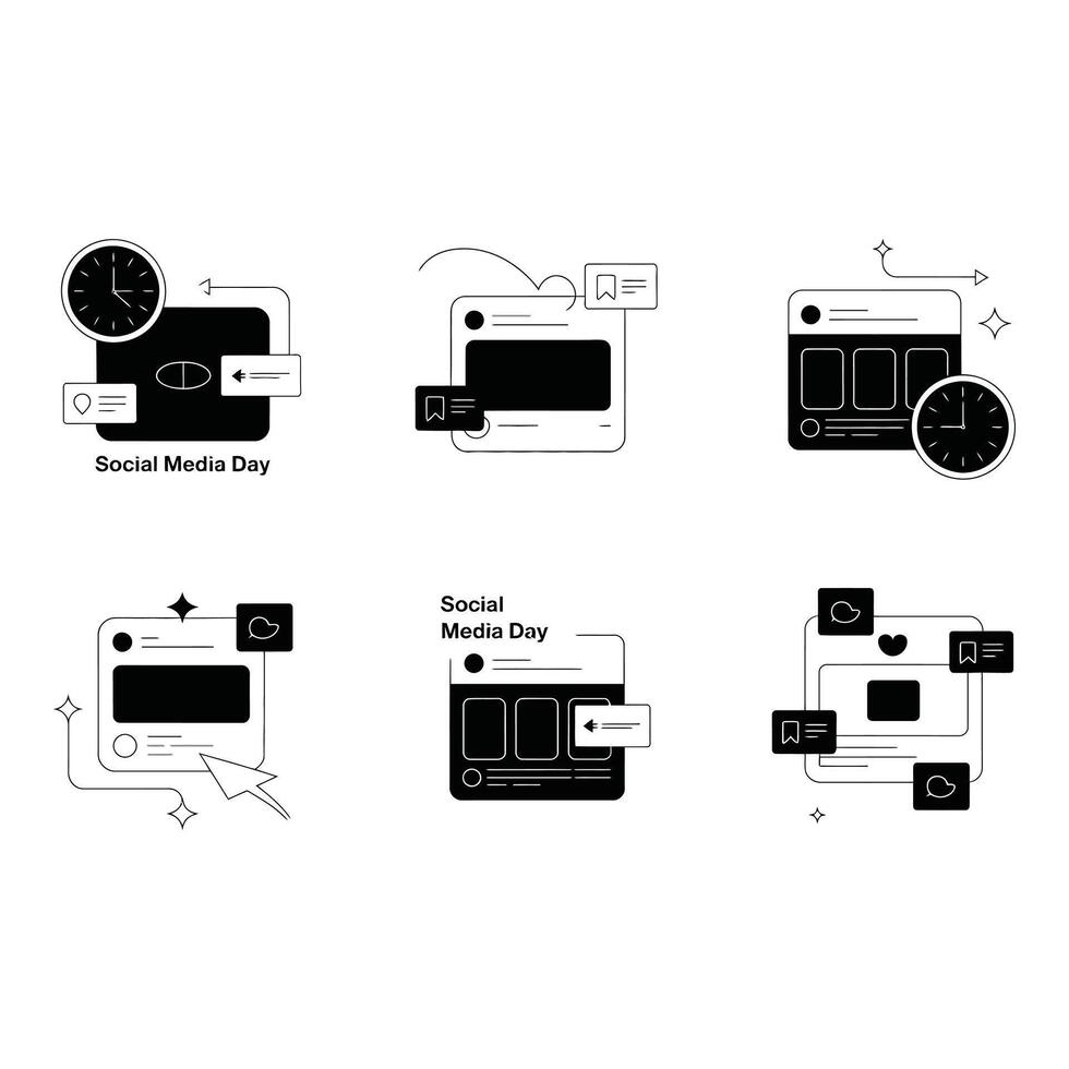 Celebrating Social Media Day with creative graphic representations clock time icons in grayscale vector