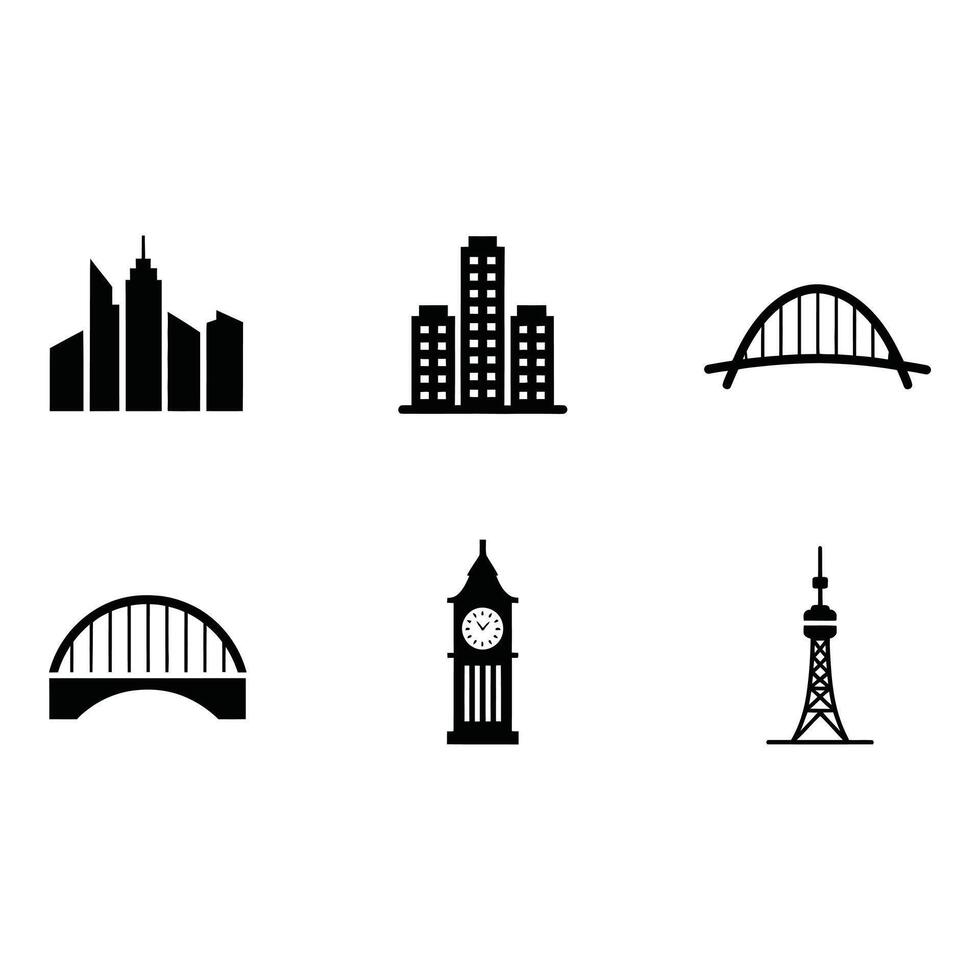 A compilation of iconic architectural landmarks from around the globe displayed as stark black vector