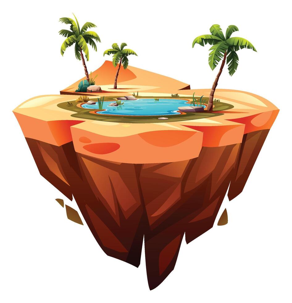 Palm trees and pond oasis on warm desert floating island terrain. Cartoon illustration vector