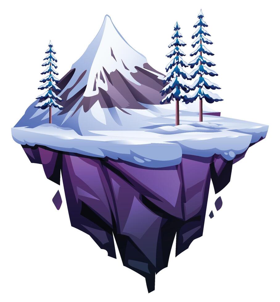Snow mountain and pine trees on floating island in winter. Cartoon illustration vector