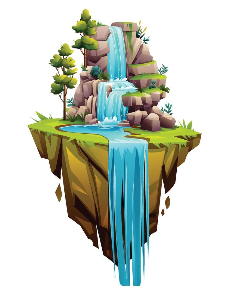Floating island with cascading waterfall and rocky cliff. Cartoon illustration vector