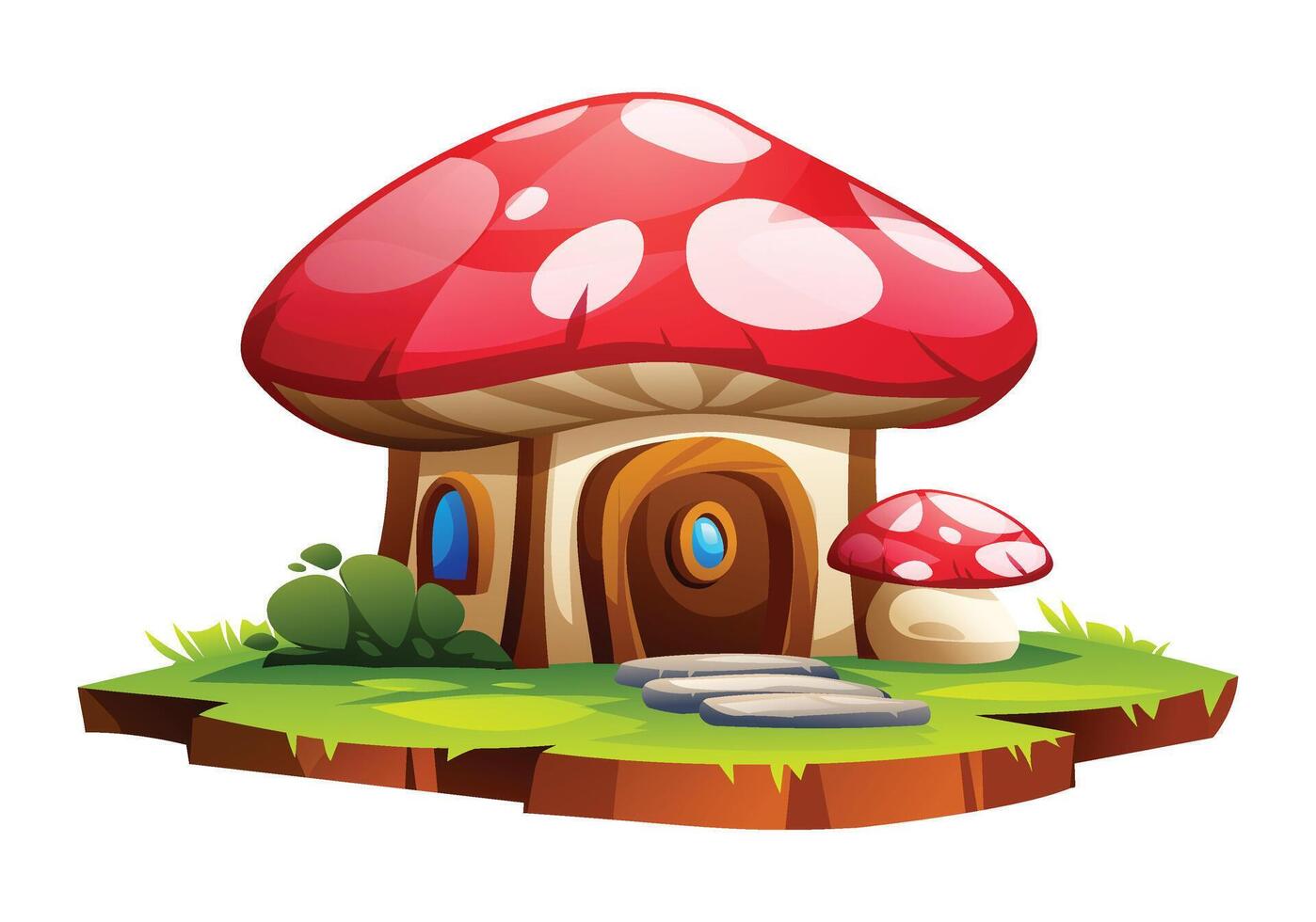 Fantasy mushroom house with red cap roof, wooden door, and stone path on grassy land. Cartoon illustration vector