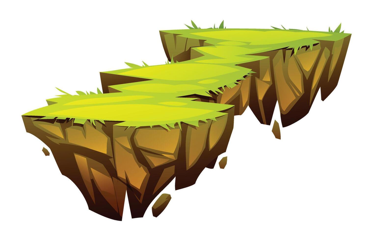 Fantasy floating island terrain with grass and rocky base. Cartoon illustration vector