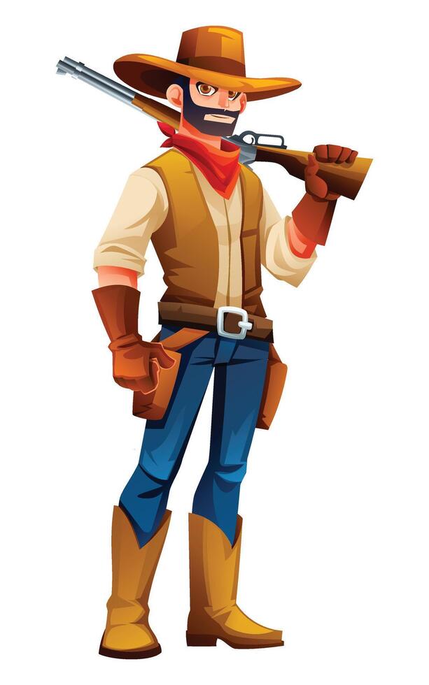 Cowboy resting rifle on shoulder, showing calm readiness. Cartoon character illustration vector