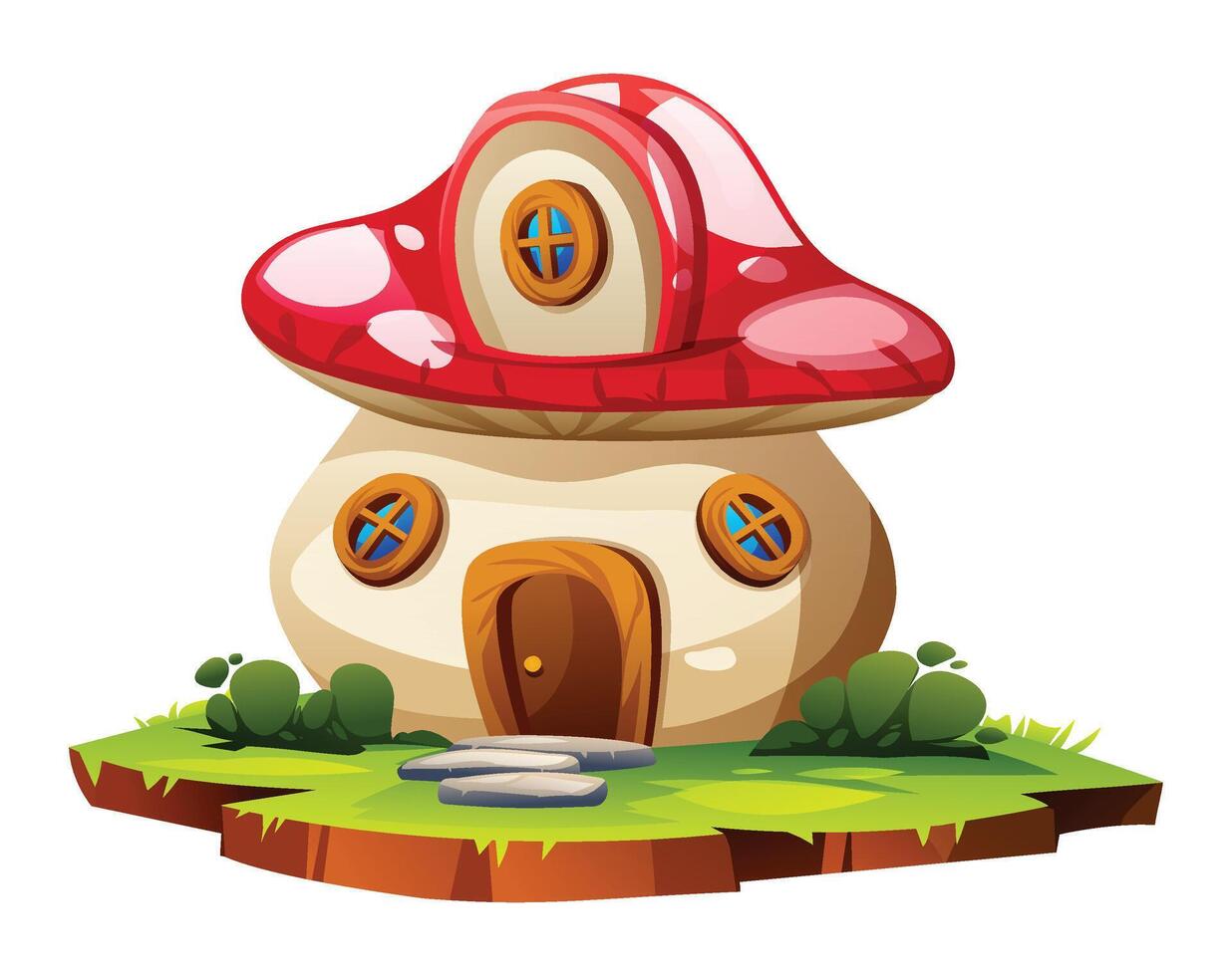 Whimsical mushroom house with red spotted roof and several circular windows. Cartoon illustration vector