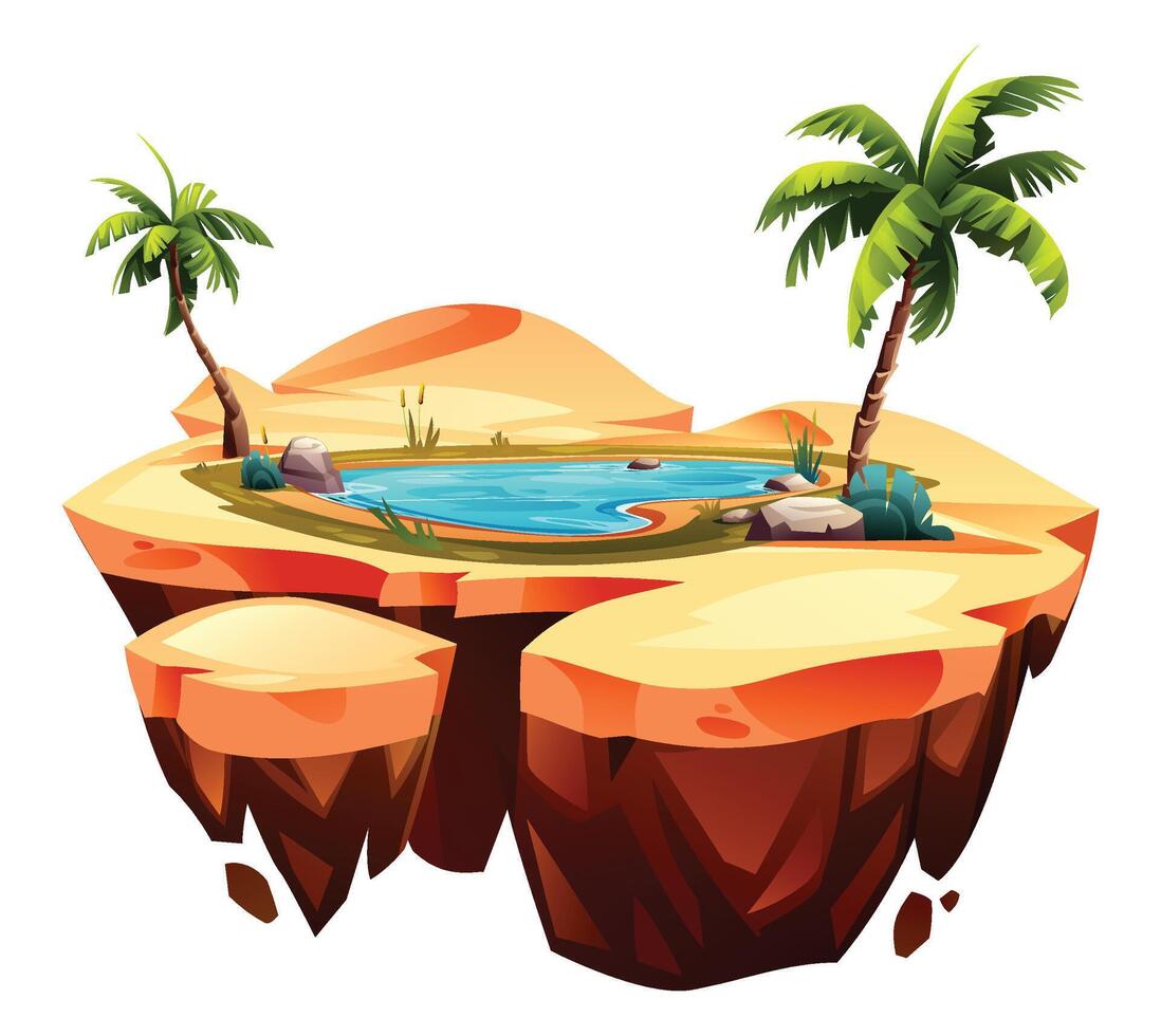 Oasis with water pond and palm trees on sandy floating island terrain. Cartoon illustration vector
