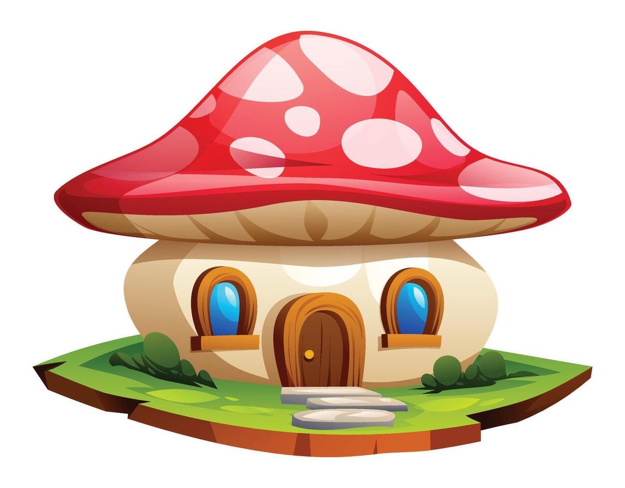 Fantasy mushroom house with red cap roof and twin windows on grassy terrain. Cartoon illustration vector
