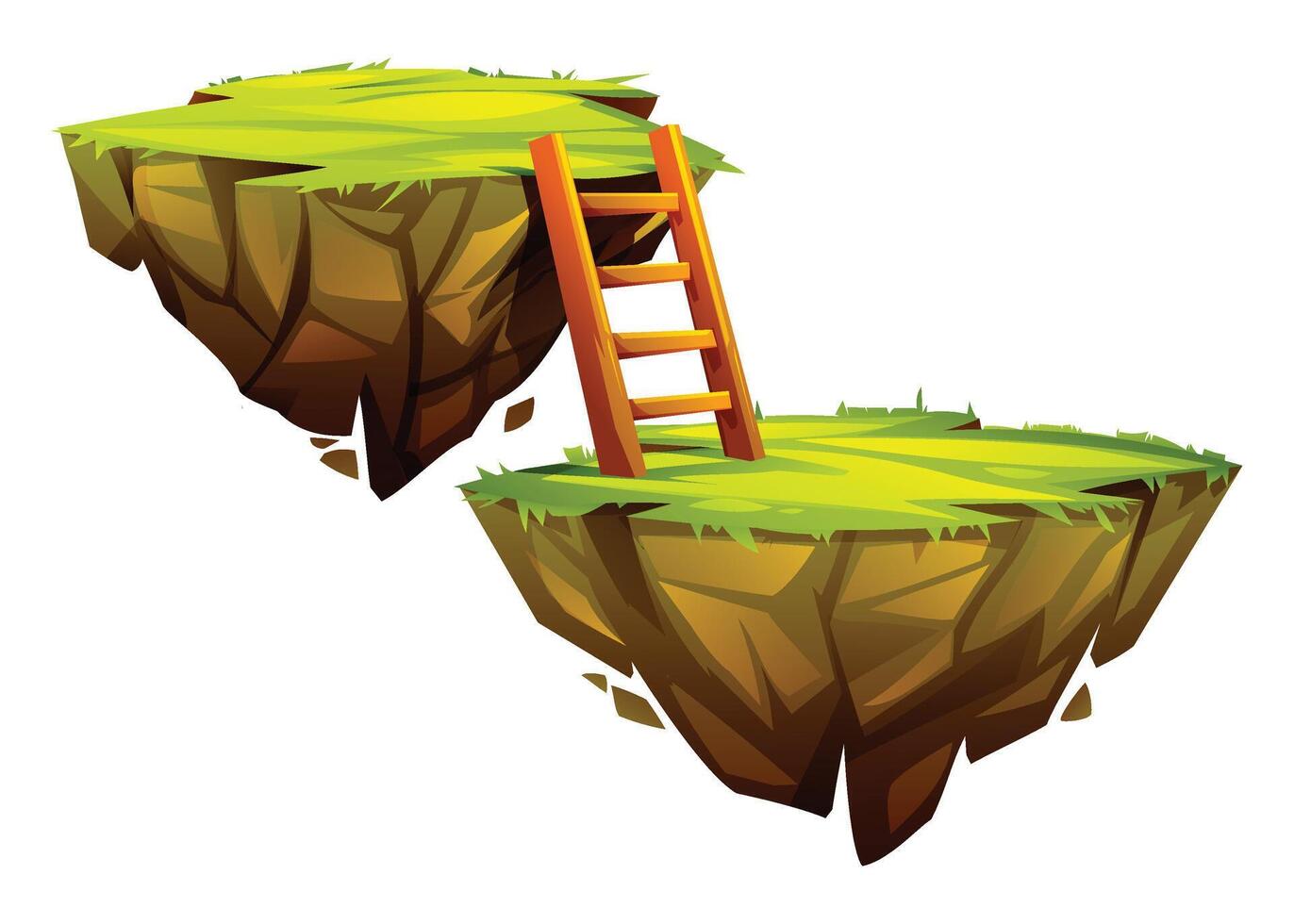 Floating islands with wooden ladder bridge over grassy cliffs. Cartoon illustration vector