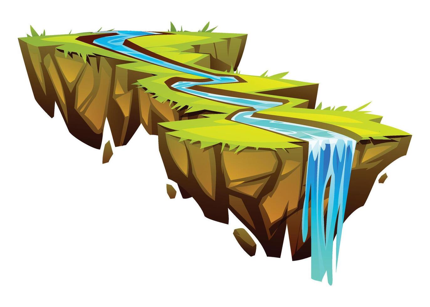 Winding river flowing across lush floating island ending in waterfall. Cartoon illustration vector
