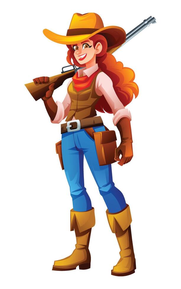 Cowgirl holding rifle with cheerful smile and readiness for adventure. Cartoon character illustration vector