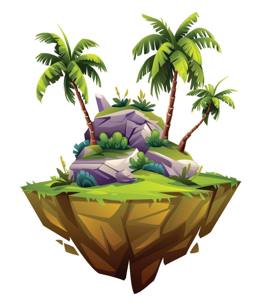 Floating jungle island with many palm trees, rocks and bushy greenery. Cartoon illustration vector