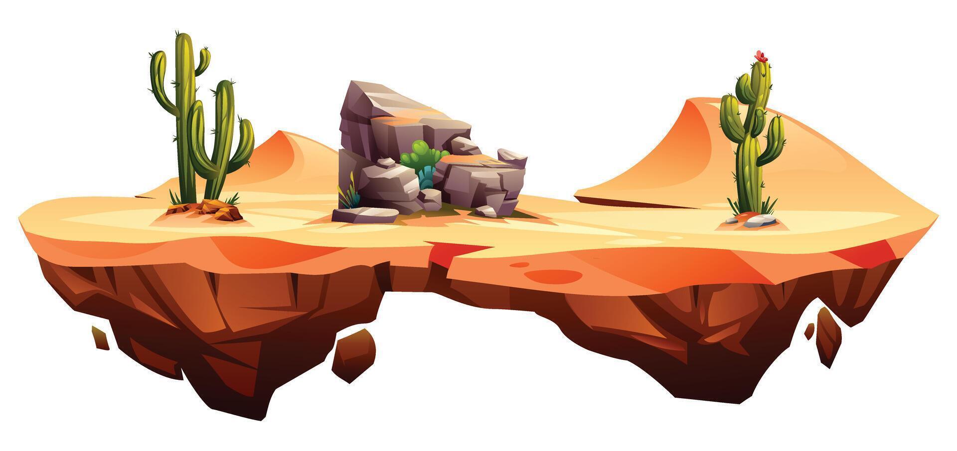 Desert floating island with rocky formations and cactus scattered across sandy terrain. Cartoon illustration vector