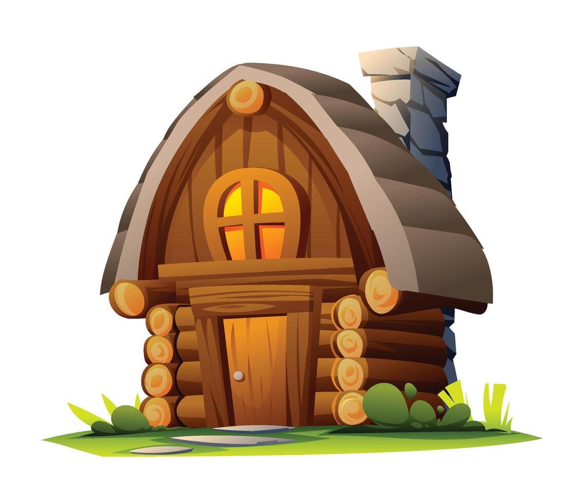 Cozy wooden log cabin house with round window and stone chimney surrounded by grass. Cartoon illustration vector