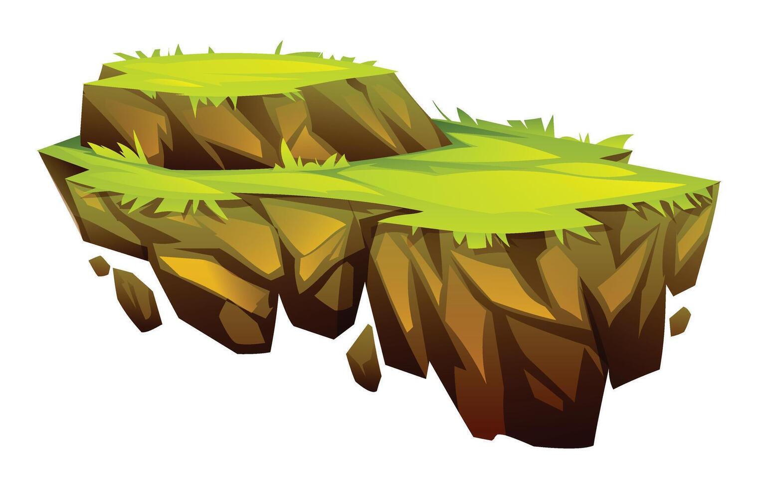 Floating island with two layered grassy platforms and rocky bottom. Cartoon illustration vector