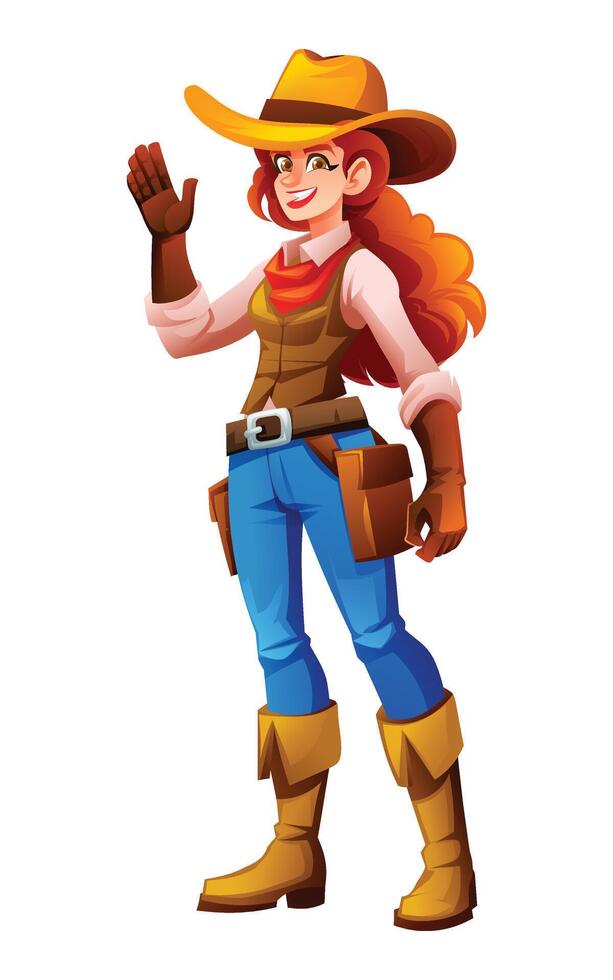 Cowgirl waving hand with cheerful smile and confident attitude in western outfit. Cartoon character illustration vector