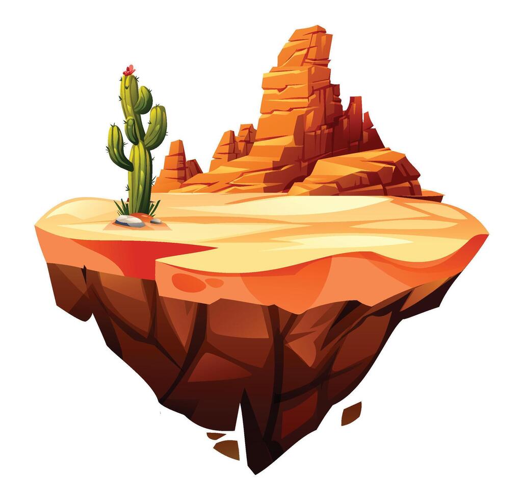 Cactus and canyon rocks on a dry desert floating island with open flat terrain. Cartoon illustration vector