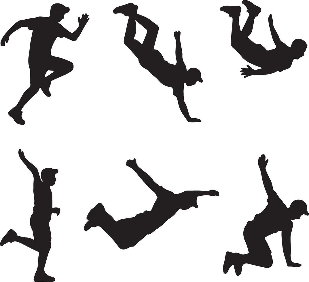 Dynamic Silhouettes of Parkour Athletes Performing Gravity-Defying Moves in Energetic Action Shots - Professional digital artwork with vibrant colors and detailed composition vector