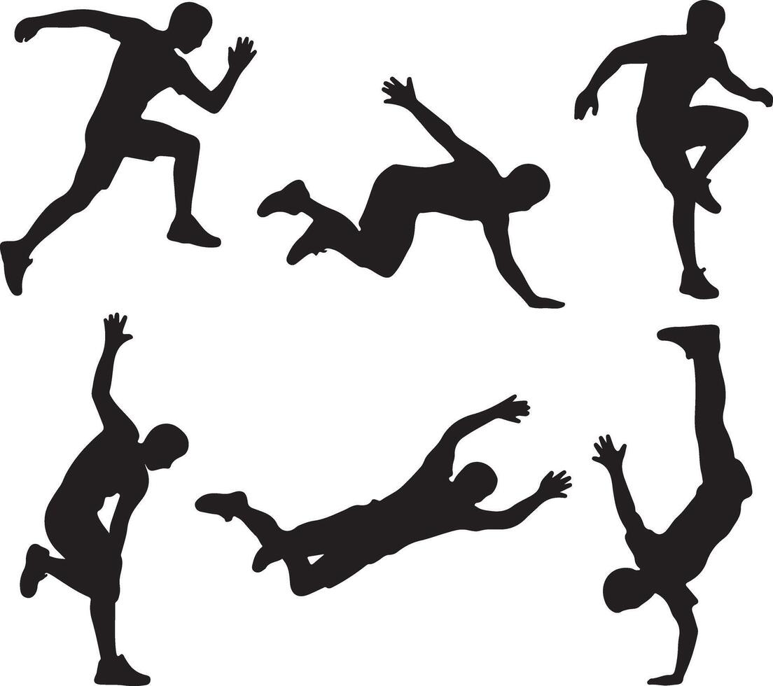 Dynamic Silhouettes of Men Performing Extreme Parkour Moves in Energetic Action Poses - Professional digital artwork with vibrant colors and detailed composition vector