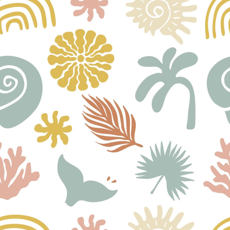 summer seamless pattern with shell,sun,coconut tree,rainbow vector
