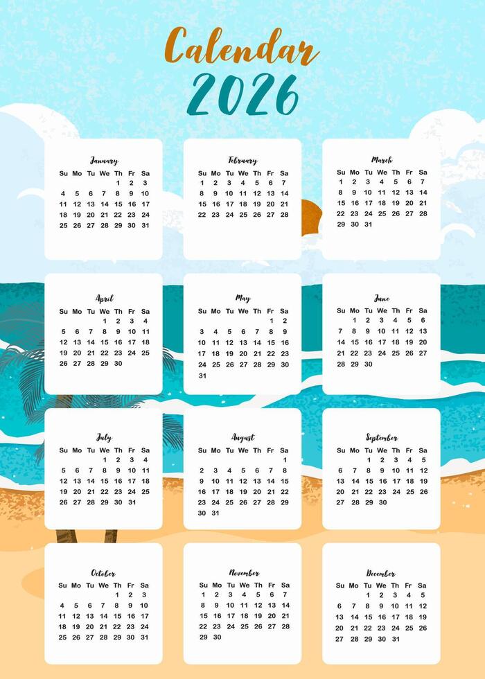 2026 table monthly calendar week start on Sunday with beach that use for vertical digital and printable vertical vector