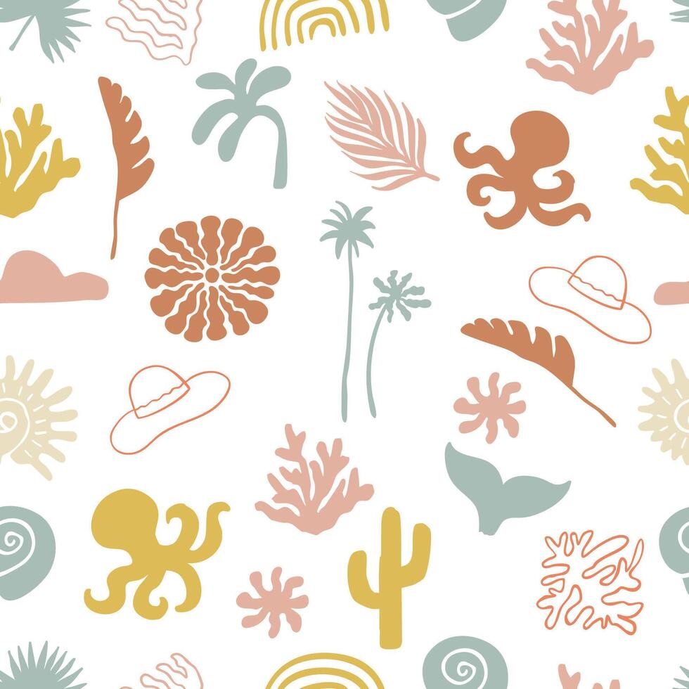 summer seamless pattern with shell,sun,coconut tree,leaf vector