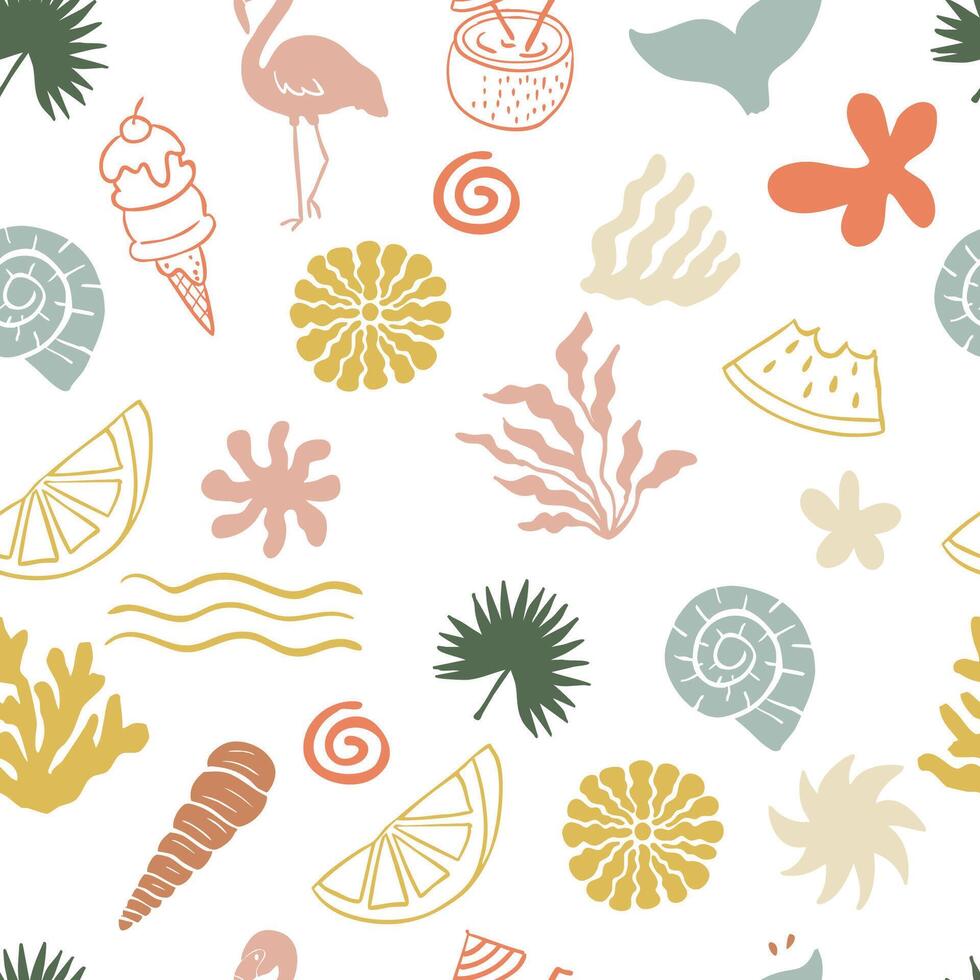 summer seamless pattern with shell,sun,coconut tree vector