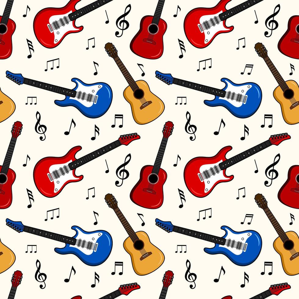 seamless pattern of guitars and music notes vector