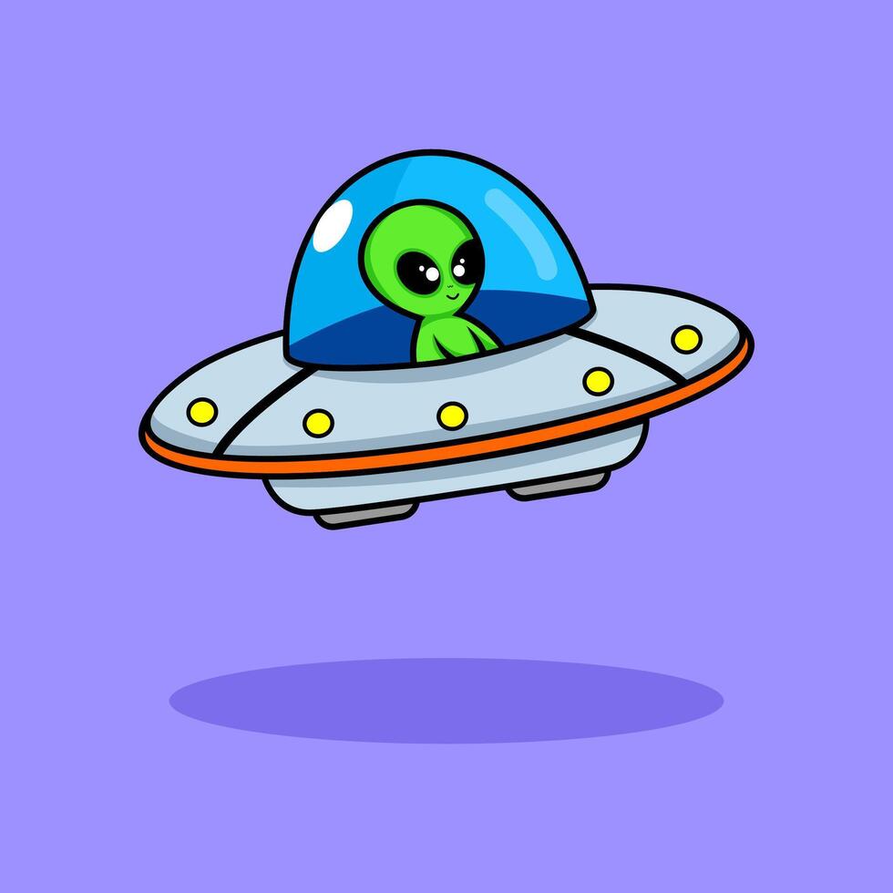 cute alien in flying saucer cartoon illustration vector