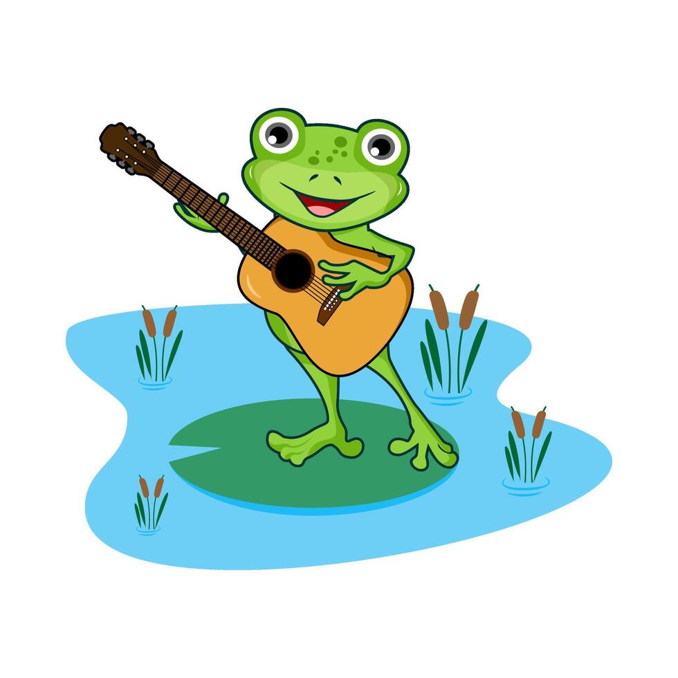 frog playing guitar on lilypad cartoon illustration vector