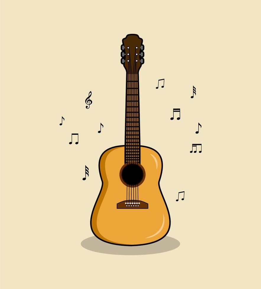 acoustic guitar with floating music notes illustration vector