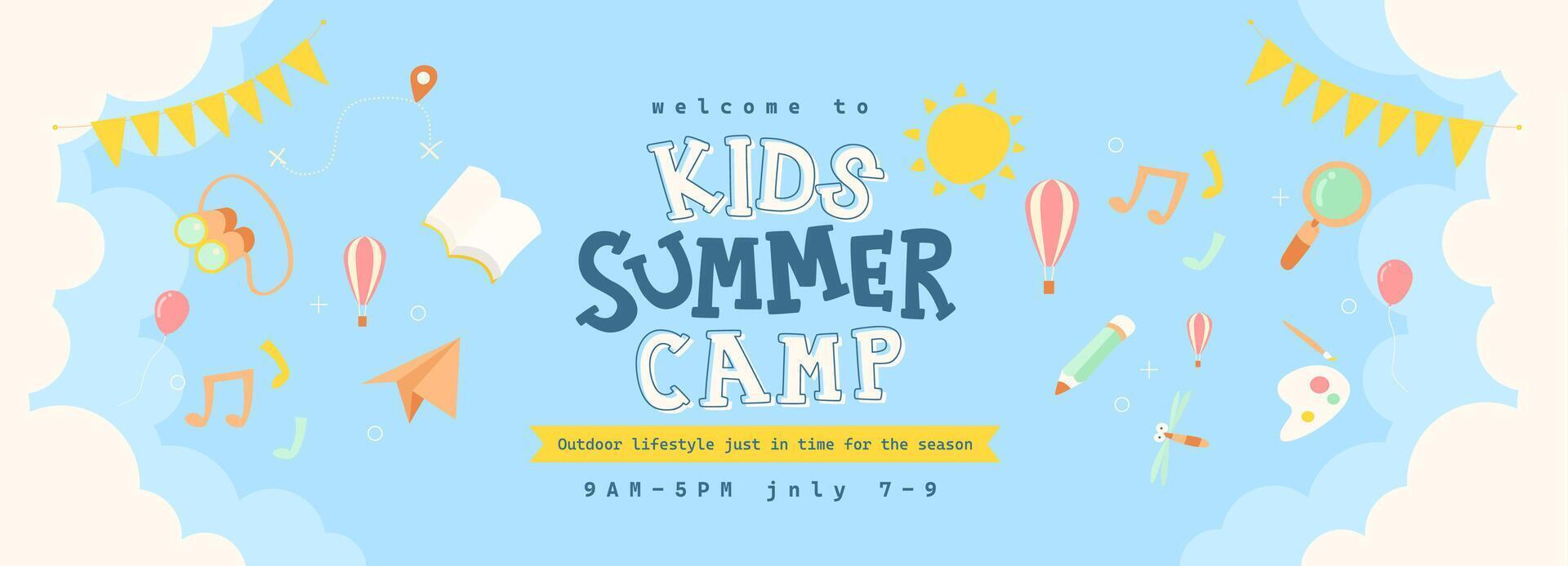 Cute and colorful kids summer camp banner with cartoon icons of outdoor activities and fun learning theme vector
