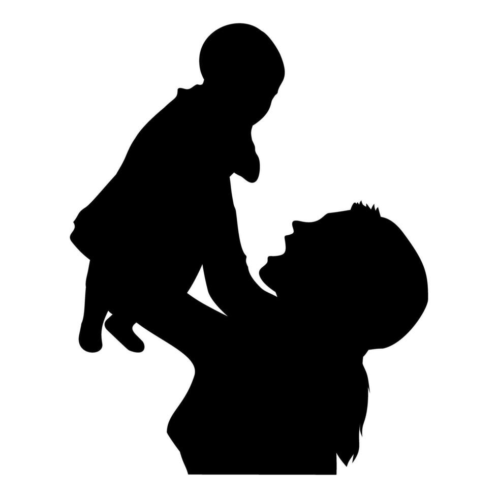Black Silhouette of Parent Holding Baby Upward Against Transparent Background vector