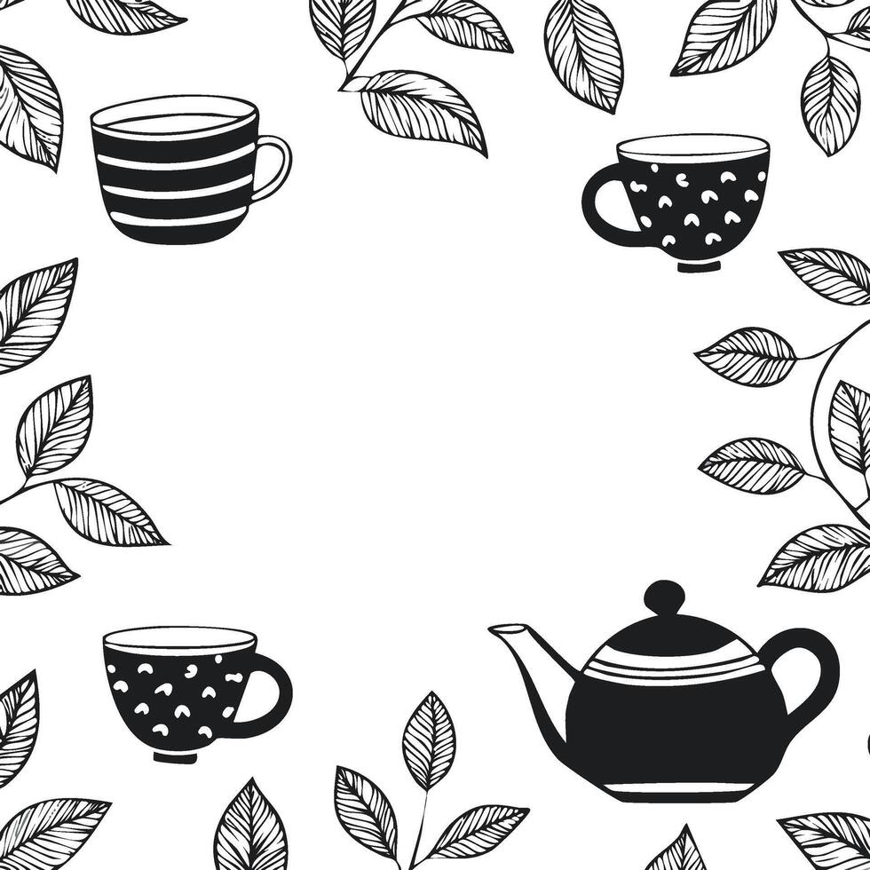 black and white tea pot and cup pattern with copy space vector