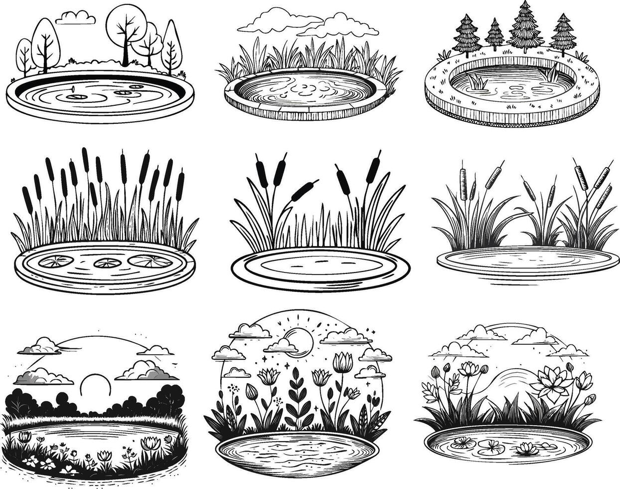 black and white isolated pond illustration sketch collection vector